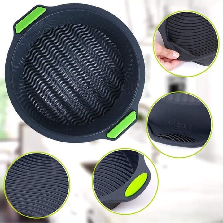 Kerek szilikon tepsi, 26cm, tapadásmentes, ergonomikus fogantyúkkal, hőálló, fekete