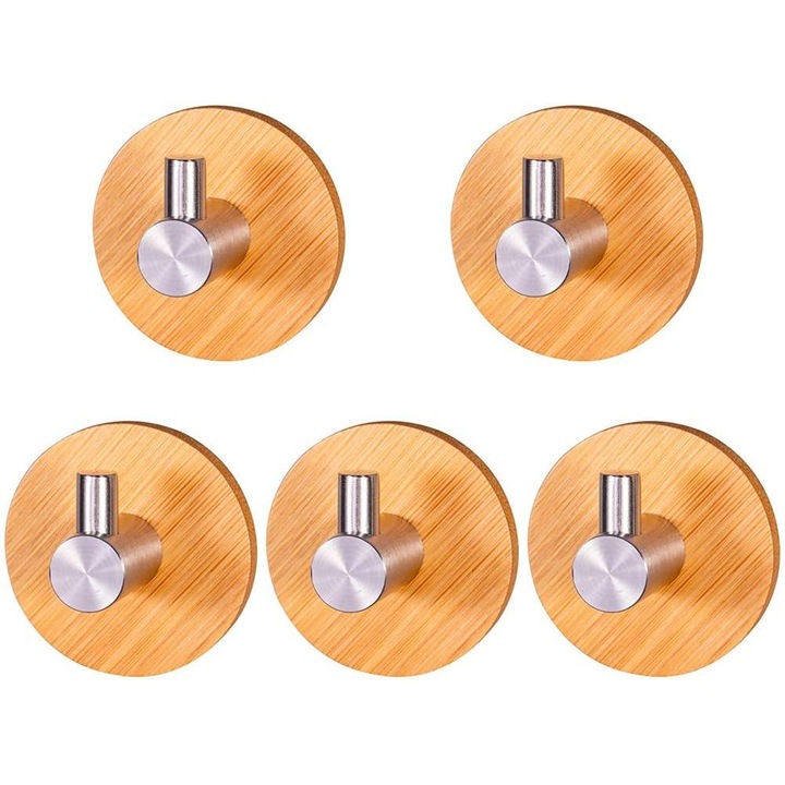 Set 5 agatatori de perete, Enforose, lemn de bambus/inox, rezistent la apa si usor de instalat, maro/argintiu