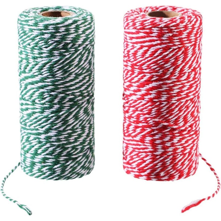 Sfoara dubla colorata din bumbac, Enforose, rosu si verde, 2 role de 100m x 2mm, pentru ambalare cadouri si decoratiuni de Craciun