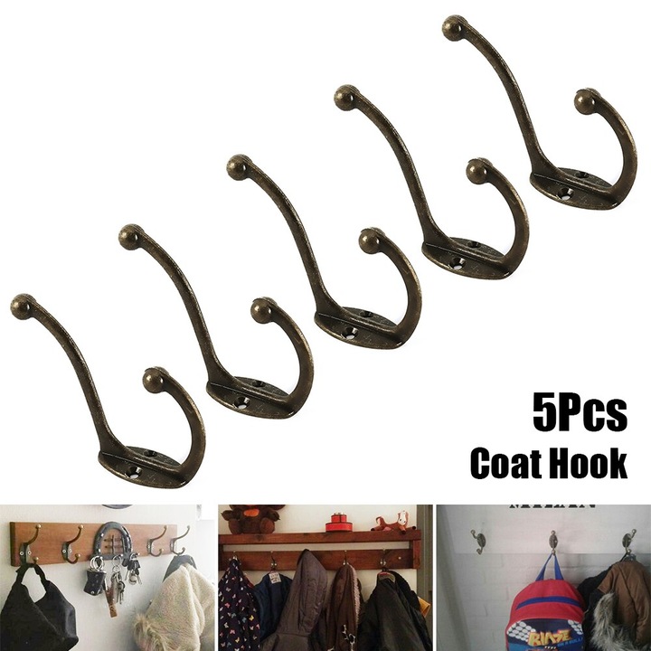 Комплект 5 x Органайзер за входно антре, декоративни куки за стена, винтидж поставка за ключове с изискан дизайн и лъскава повърхност, издръжлива закачалка за дрехи за множество облекла във винтидж бронз Enforose