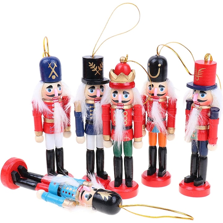 Set 6 Soldatei Craciun Nutcracker, BGHYHYHI, Lemn, Multicolor, 12cm