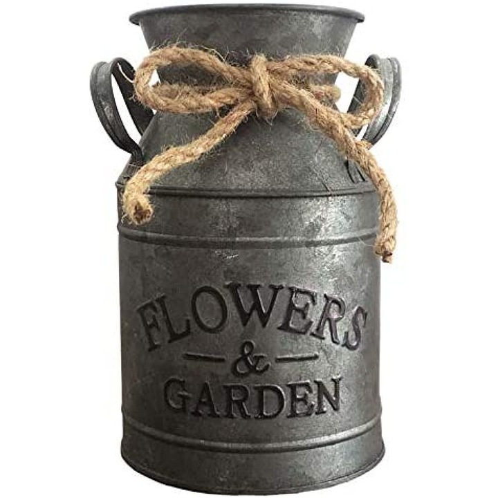 Vaza decorativa din metal galvanizat, AMRINUGL, 19x19x19cm, design rustic, ideala pentru aranjamente florale, alb laptos