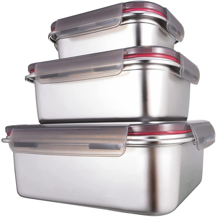 Комплект от 3 контейнера за храна, Bizaical, Неръждаема стомана, 600 ml/1500 ml/2900 ml