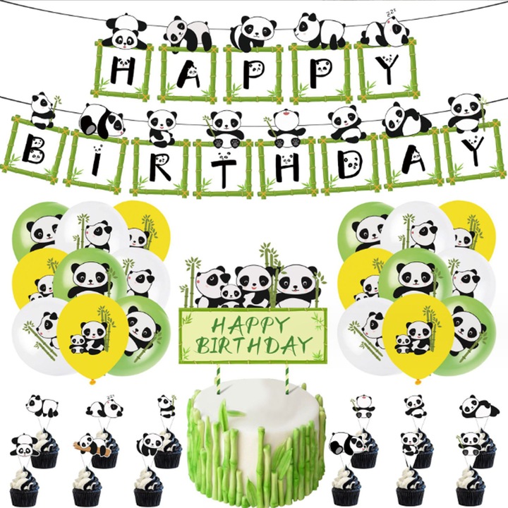 Panda party dekorációs készlet, transzparens, tortalap, 12 db cupcake fedő, 15 db lufi, tarka, 175g
