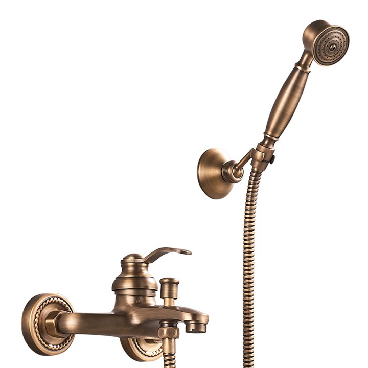 Ретро душ колона, 2 дръжки, стенен монтаж, античен месинг, 13,5-16,5 см