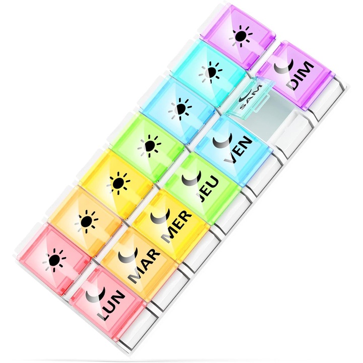 Organizator de pastile Enforose, set cu husa transparenta curcubeu, capacitate mare, prietenos cu sanatatea