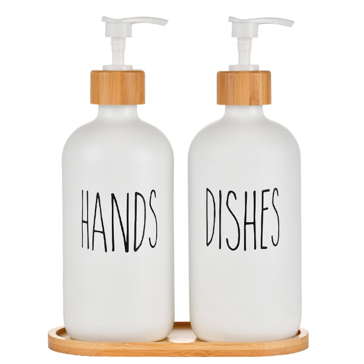Set 2 Dozatoare de Sapun, Inscriptii "Hands" si "Dishes", Pompa din Inox, alb, cu tavita