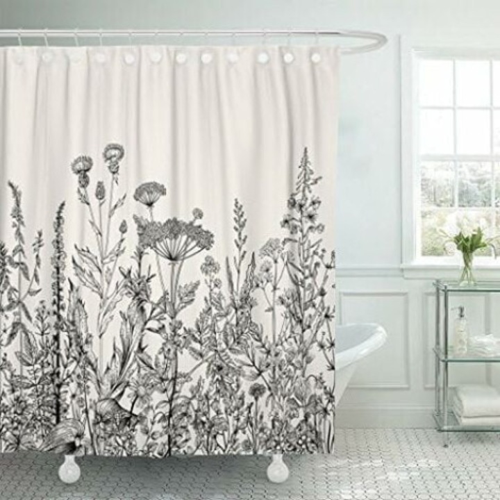 Perdea de dus cu 12 carlige, Design floral, Poliester, Impermeabil, 180x180cm, Alb/Negru
