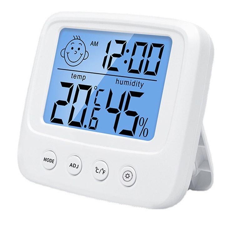 Ceas decorativ Enforose, design din lemn, afisaj colorat mare, ceas atomic de inalta precizie, cu termometru si higrometru, lumina de noapte