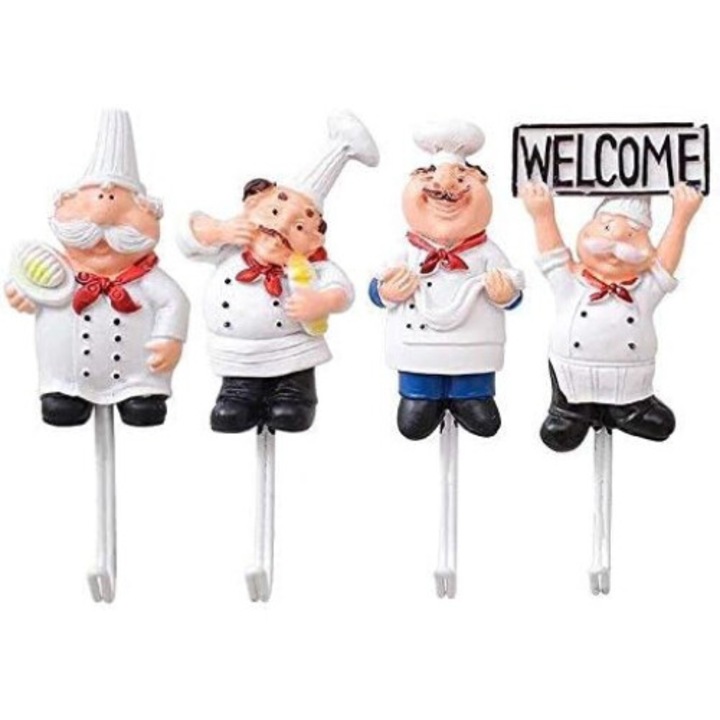 Set de 4 carlige decorative pereti figurine bucatar din rasina, BGHYHYHI, multicolor