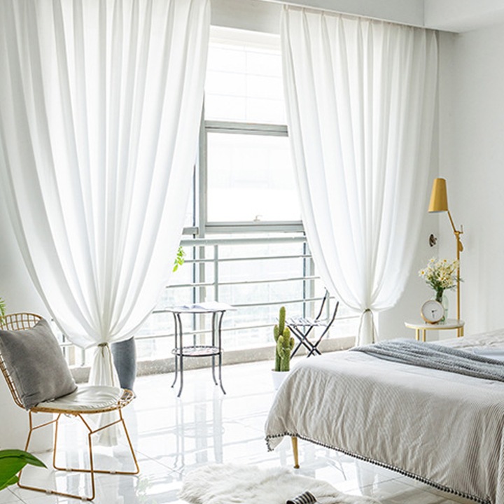 Декорации за интериор Изкуствено спално бельо, Прозрачни полупрозрачни пердета на капси, Филтриране на светлина за хол, стая, кухня (150x250cm, Бял)