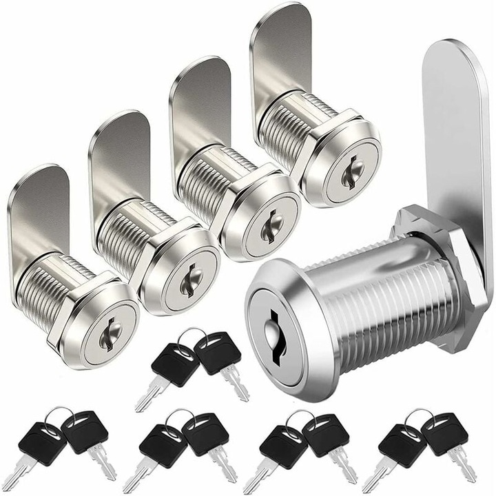 Set 5 incuietori pentru dulap, 18mm, 23.5mm, 20mm, 90 grade, cu 10 chei