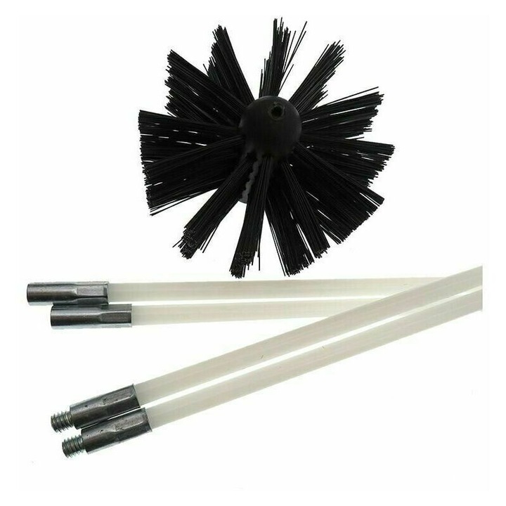 Kéménytisztító készlet, 11 nylon rúd, 100 mm-es pellet kályhakefe, állítható hosszúságú, rugalmas, fekete