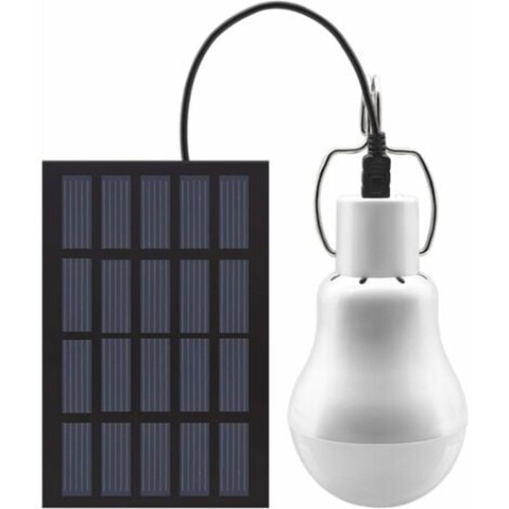 Hordozható LED-es napelemes lámpa fém kampóval, energiatakarékos, beltéri/kültéri, fehér