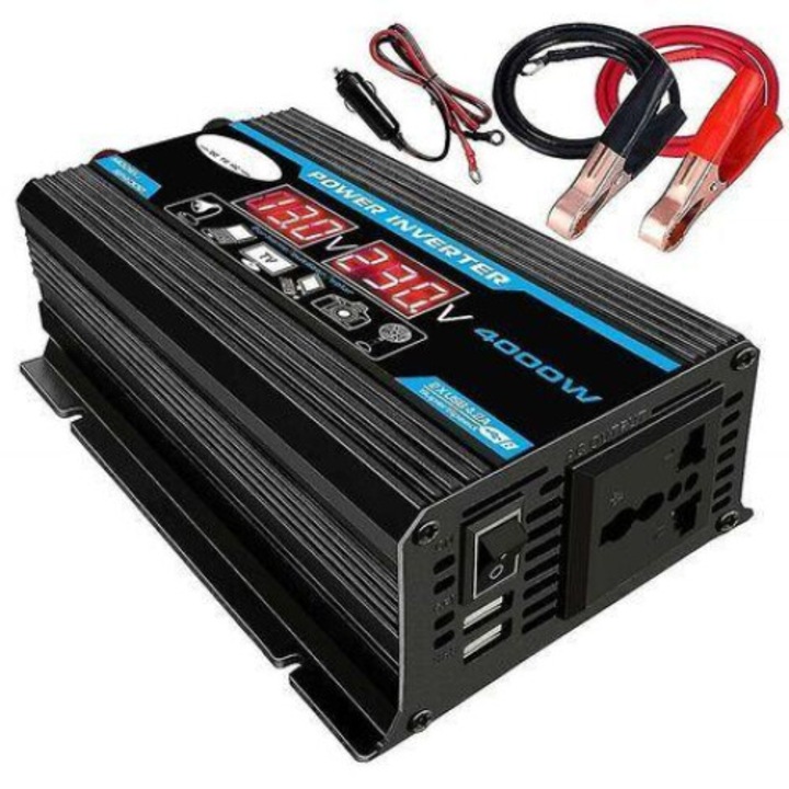 Teljesítmény inverter 12V-220V, 4000W, távirányítóval, 2 AC aljzat, méretek 161x112x56mm, járművekhez
