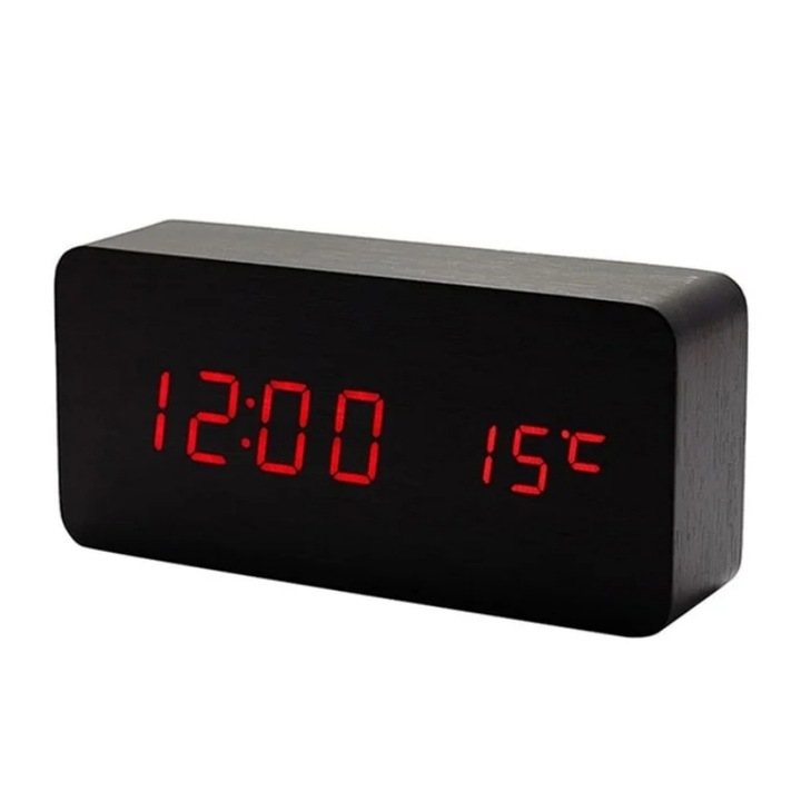 Ceas desteptator cu LED, luminos, din lemn, ajustare luminozitate, control vocal, afisaj temperatura, negru/rosu