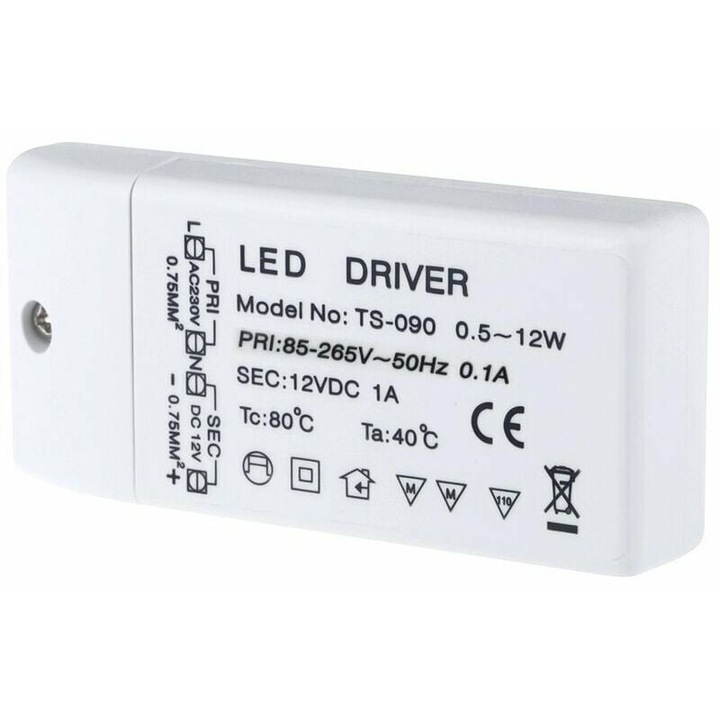 Transformator LED tensiune constanta, 12W, 12V, protectie suprasarcina, compact, pentru spoturi si benzi LED