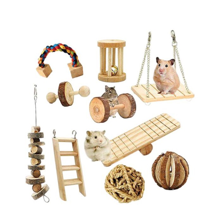 Set 10 jucarii din lemn pentru rozatoare, natur, interactiv