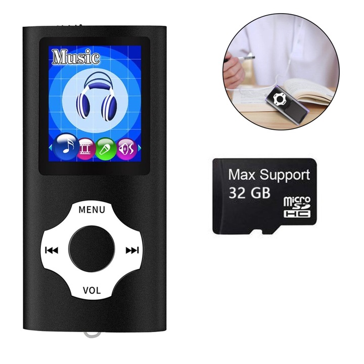 Bluetooth MP3 плейър, 32GB, 1,8 инчов LCD екран, черен