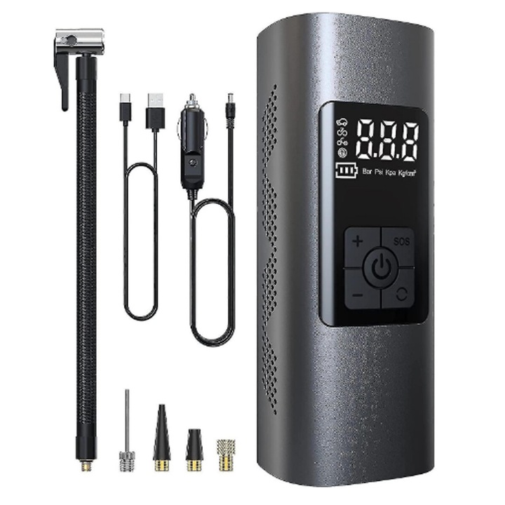 Compresor auto portabil, pompa bicicleta electrica, 6000mAh, 150 Psi, ecran LCD, LED, multifunctional, 17x6.9x5cm
