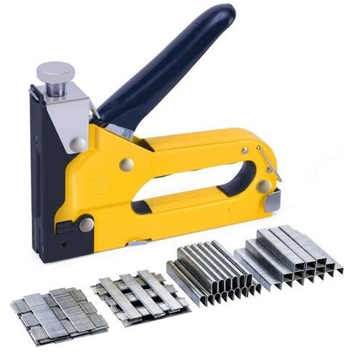 Тежкотоварен такер, удобен ергономичен захват и универсален инструмент за закрепване за декориране на тапицерии, ремонт на дърводелски мебели (15,5 * 11,5 * 3 см)