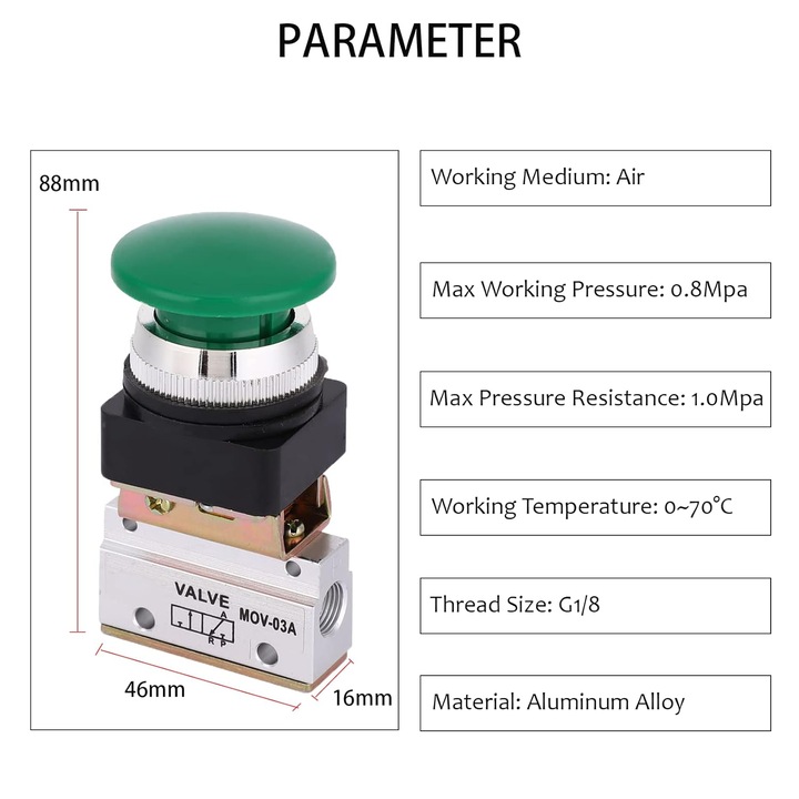 Supapa mecanica pneumatica G1/8, 2 pozitii, aer comprimat, aliaj de aluminiu