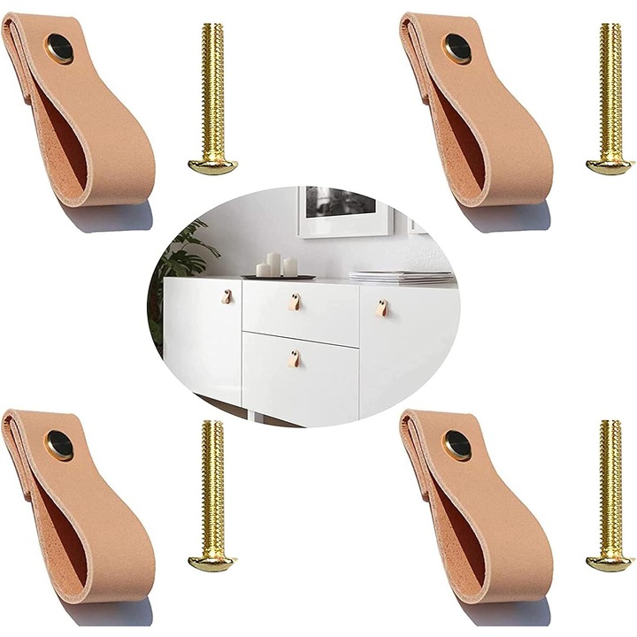 Manere din piele naturala, set de 4 bucati, design ecologic, usor de instalat, AMRINUGL