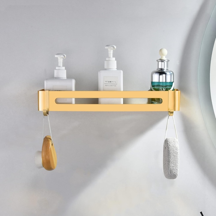 Set 2 Rafturi de baie, Aluminiu, Montare pe perete, 32.5 x 12.5 x 4.5 cm, Auriu