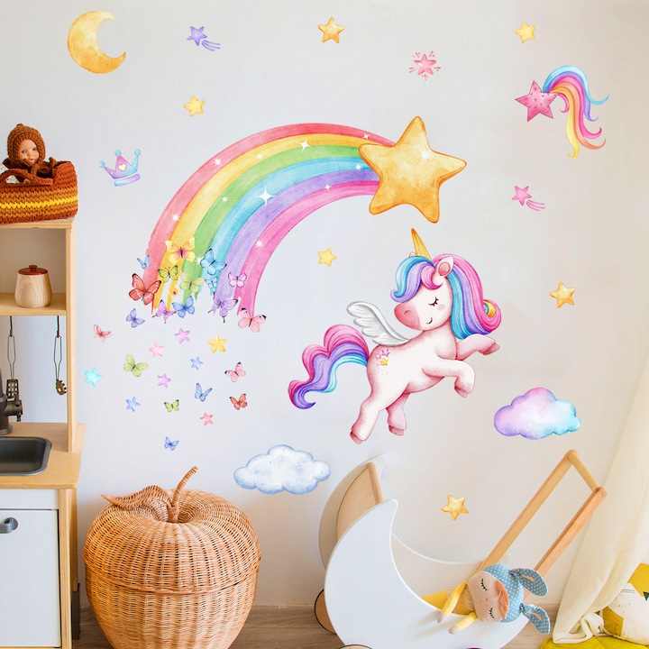 Autocolant de perete, PVC, unicorn si curcubeu, multicolor