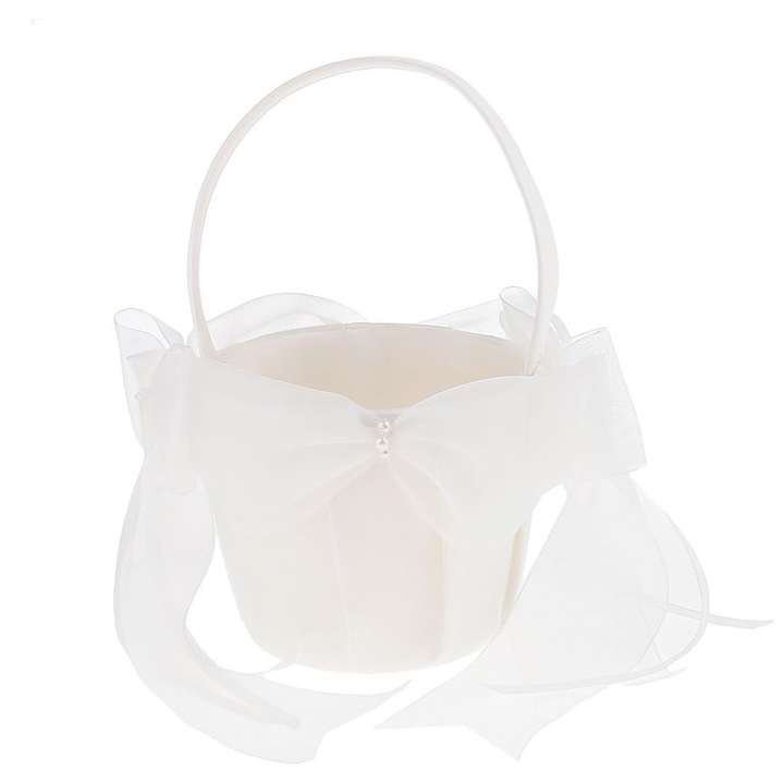 Сватбена кошница с цветя, Дантела, 13x22см, Бяла