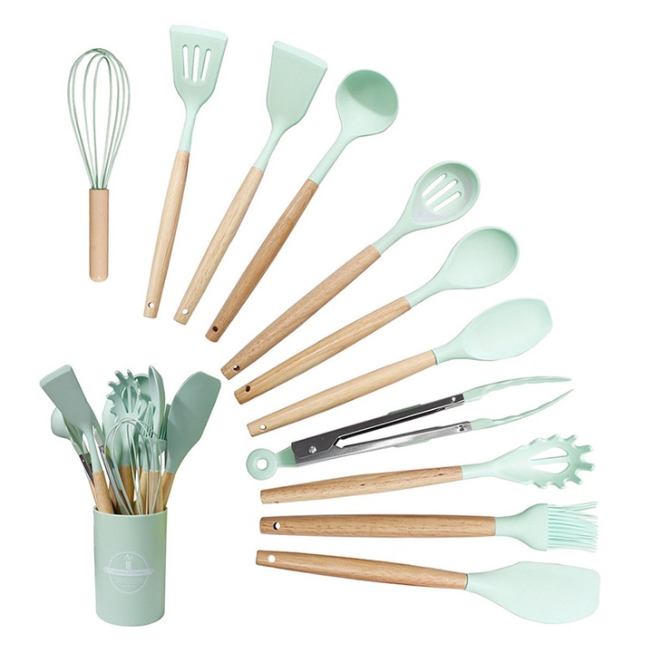 Set 12 ustensile de bucatarie cu suport, Silicon, Maner lemn, Verde deschis