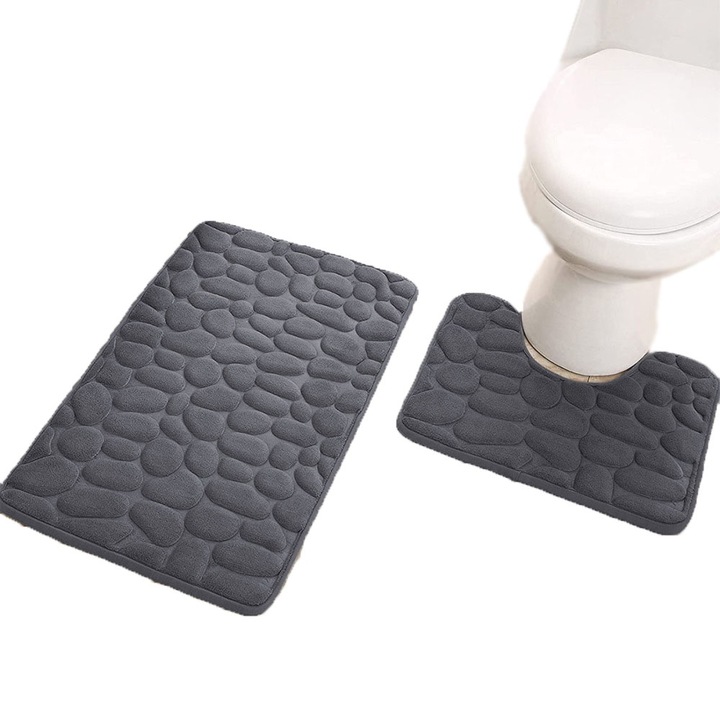 Set covorase baie, model cu pietre, gri inchis, 50x80cm + 40x50cm flanel