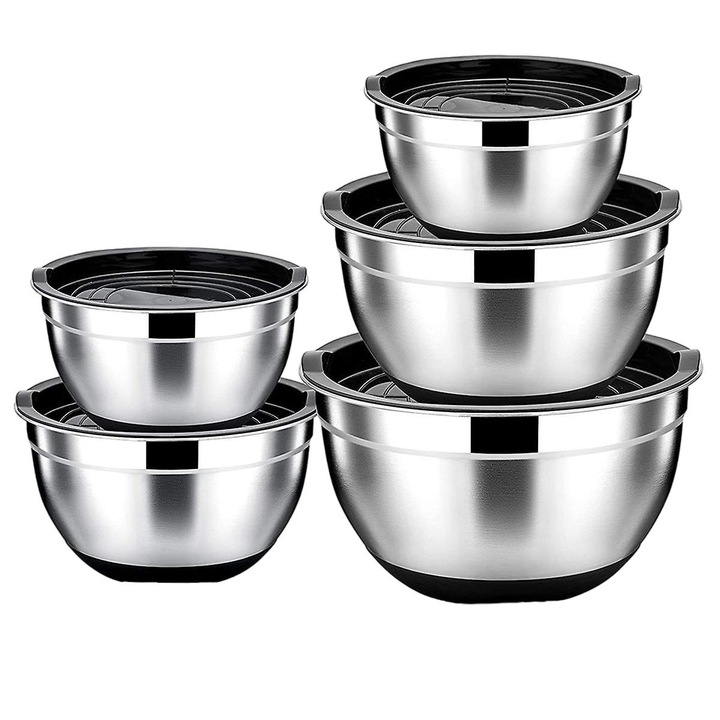 5 db rozsdamentes acél tál készlet, szoros fedéllel, fekete/ezüst