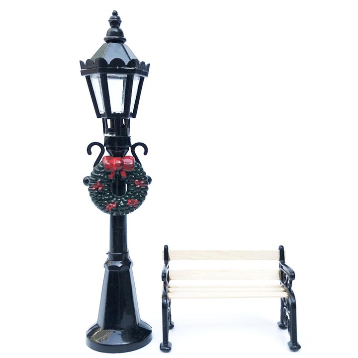 Set 2 Mini Lampa Stradala si Banca, decor Craciun, multicolor, 5x3x3cm