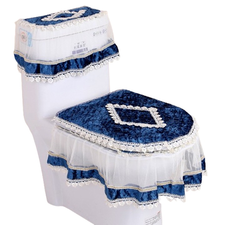 Комплект от 3 части за капак на тоалетна чиния от мека дантела, Enforose, елегантен дизайн, универсален размер, лесен за почистване