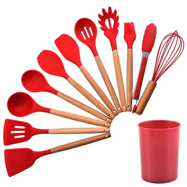 Комплект топлоустойчиви кухненски прибори, незалепващи съдове против надраскване, 12 цветни силиконови кухненски прибора