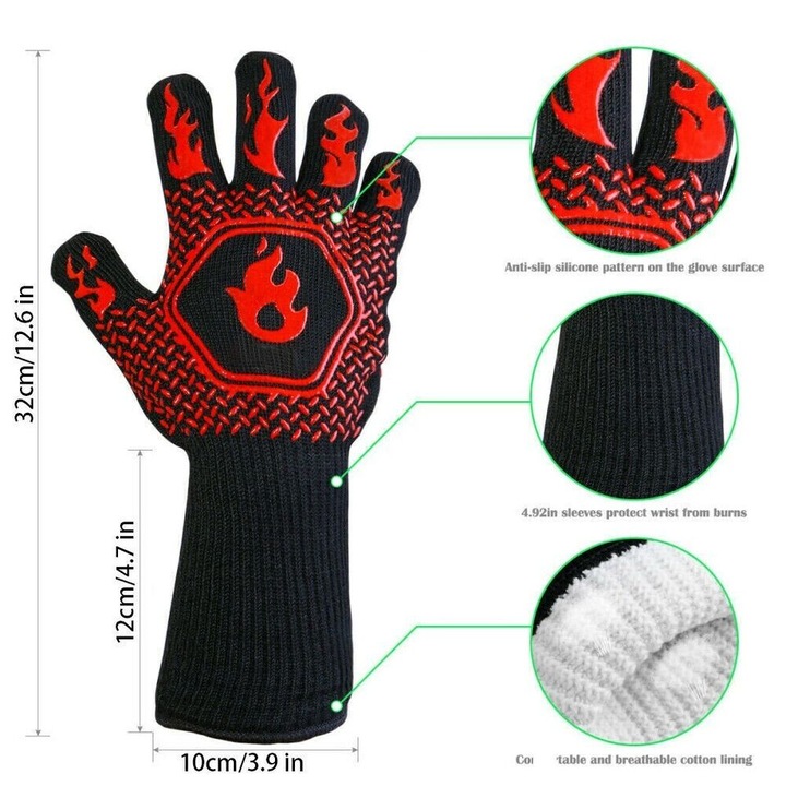 2 db-os grillkesztyű készlet, hőálló, pamut béléssel, csúszásgátló mintázattal, piros/fekete