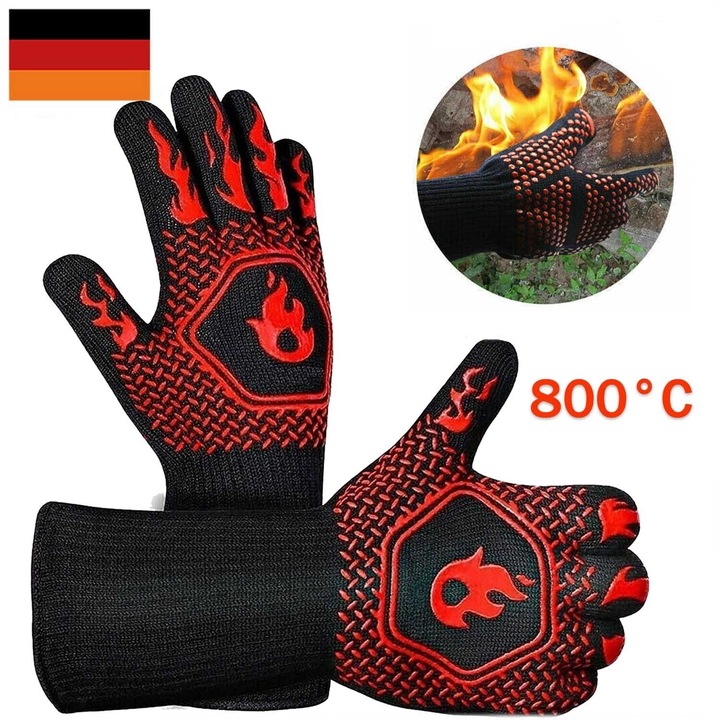 2x Hőálló grillkesztyű 800°C, sütővédő kesztyű, hőálló
