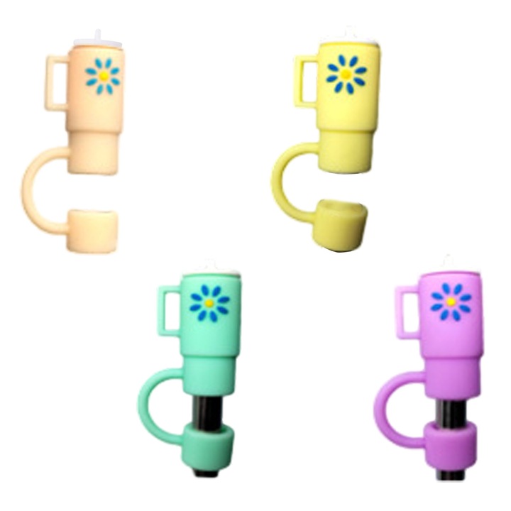 Toppers din paie din silicon pentru pasionatii de calatorii, huse de paie reutilizabile cu model de flori, usor de curatat si portabile pentru aventuri in aer liber, 4 bucati