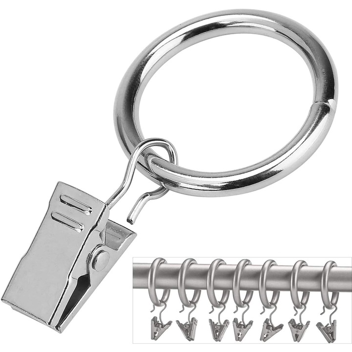 Комплект 50 халки за пердета с щипки, 25мм, неръждаем метал, сребристи