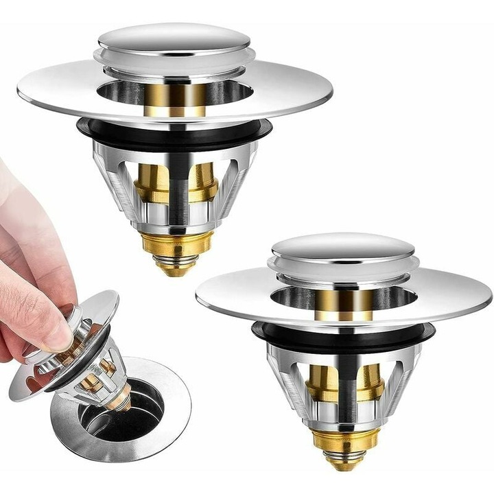 Комплект от 2 универсални изскачащи сифона, антизапушващ филтър, неръждаема стомана и мед, за отвори 34x38 мм