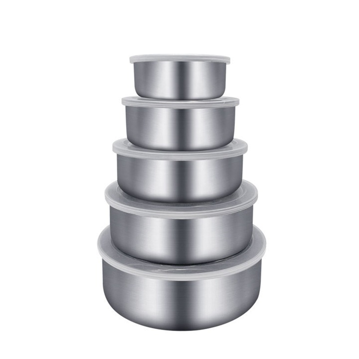 Set de boluri din otel inoxidabil cu capac, 5 bucati, diverse dimensiuni, rezistente la zgarieturi, stocare eficienta