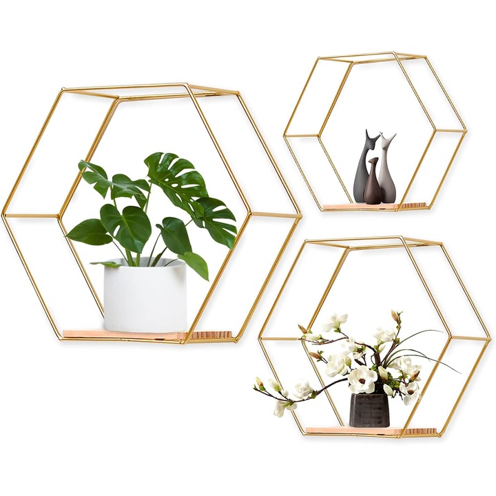 Set 3 rafturi hexagonale de perete, metal\lemn, auriu