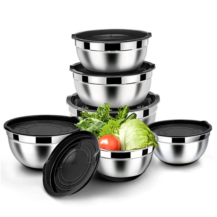 6db fedős tál készlet, Rozsdamentes acél, Egymásra rakható, 14-26 cm, 0,6-4,1 l, Ezüst/Fekete
