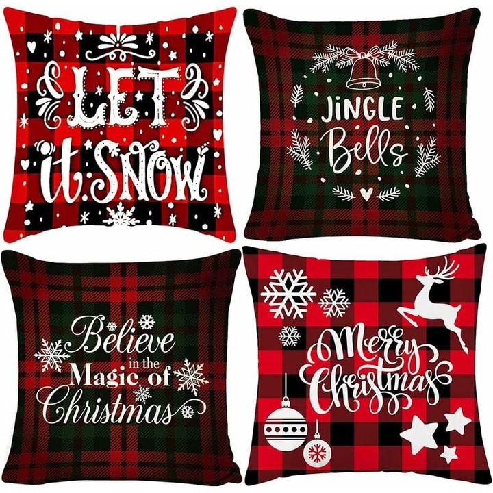 Комплект от 4 декоративни възглавници, AMRINUGL, селски стил, шарки на снежинки, 45x45 см, ленен материал, средна твърдост