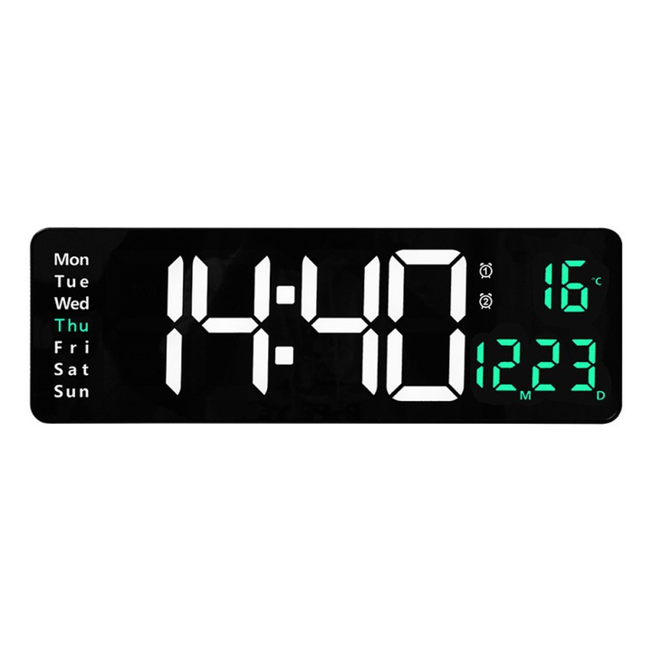 Ceas decorativ Zeaicos, 16 inch, negru, cu display LED jumbo, functii de alarma si cronometru