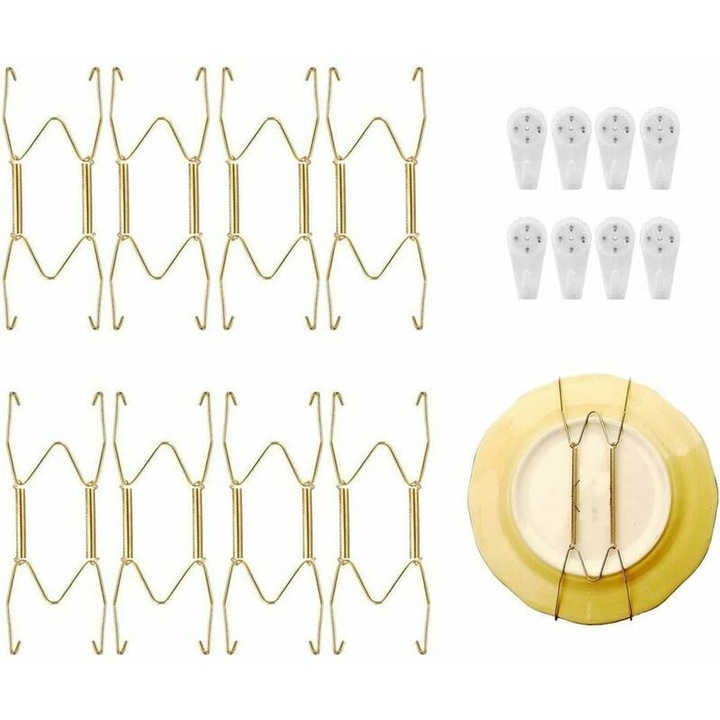 Set 8 Suporturi Invizibile pentru Farfurii si 8 Carlige de Perete, Flexibile, Rezistente, Negru