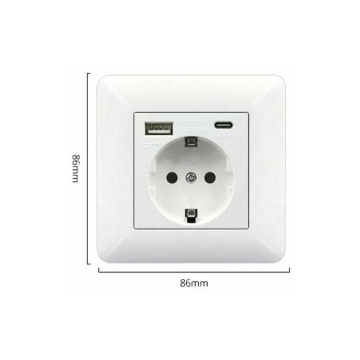 Priza de perete, 2 prize 16A, 1 USB, 1 Type-C, sticla securizata, alb, 86x86mm