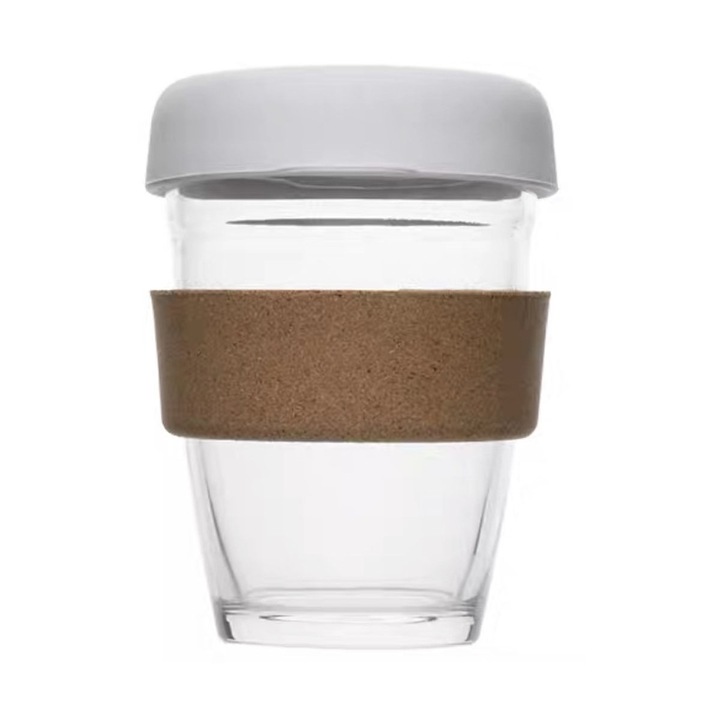 Топлоустойчива стъклена чаша за многократна употреба, KeepCup, капак, устойчив на пръски, коркова лента, прозрачна/кафява, 342 ml