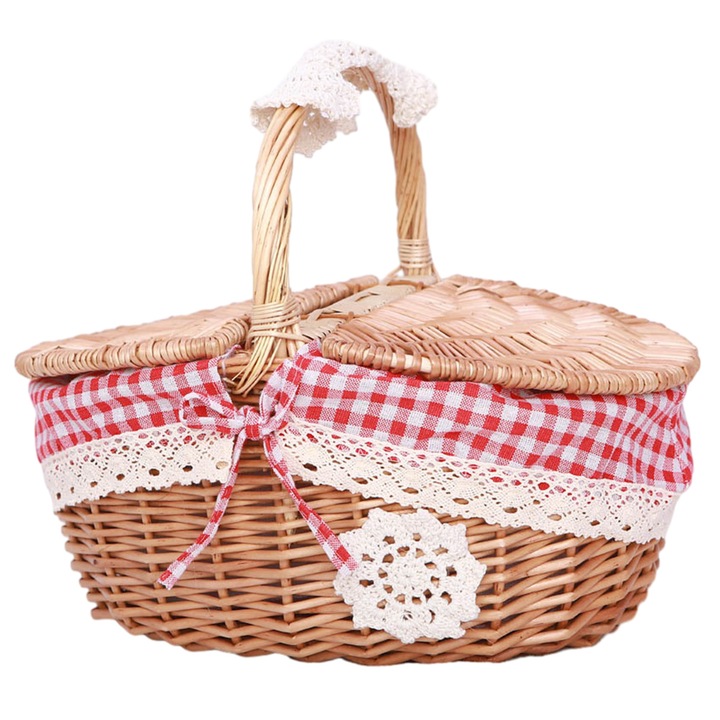 KkvoGmle piknikkosár, szalmaszál, csipkeminta, 26x18x15cm, többszínű
